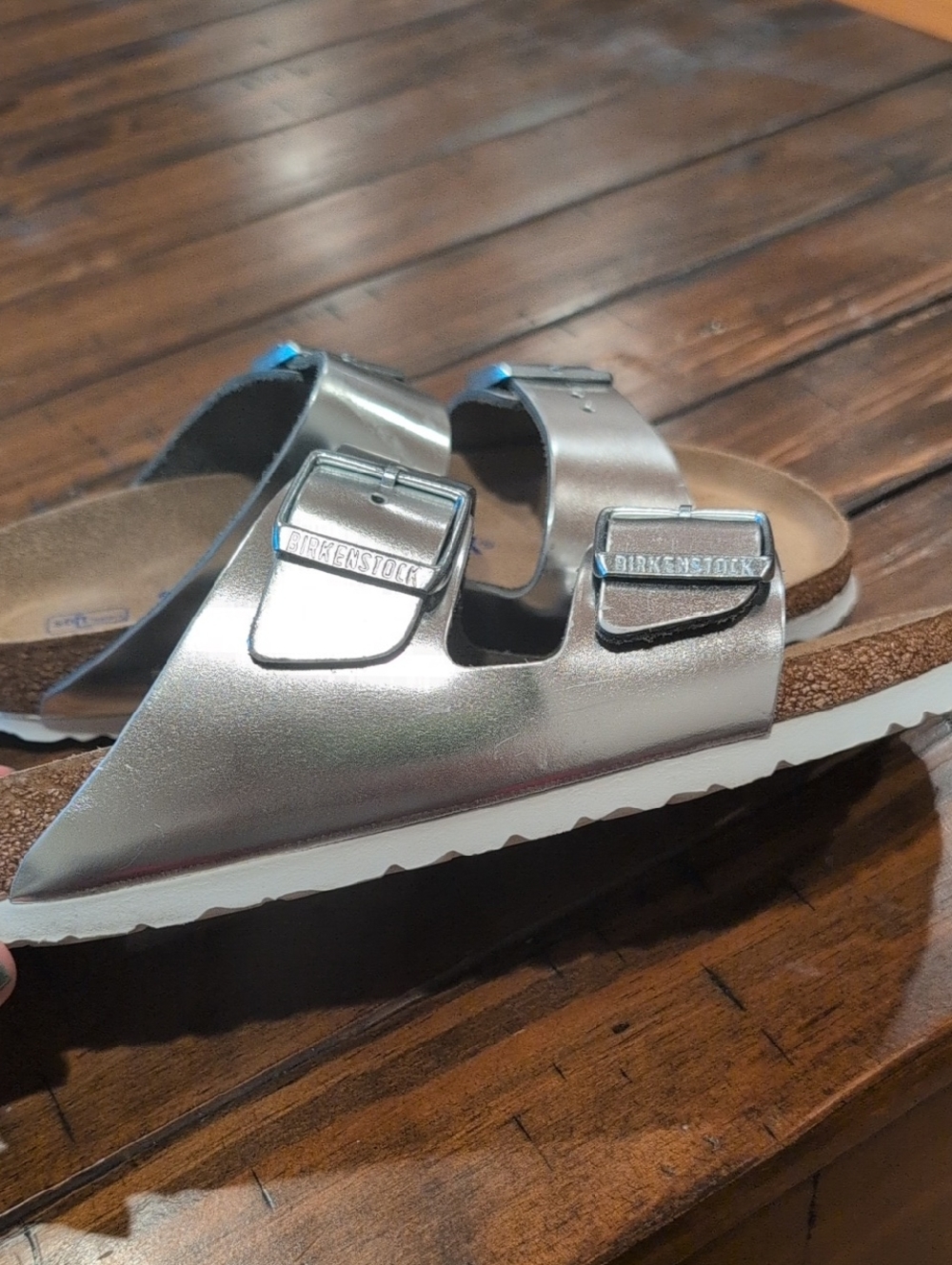 Birkenstock Arizona Metallic Silver Soft Footbed Narrow Width 37 Like New - Picture 7 of 13